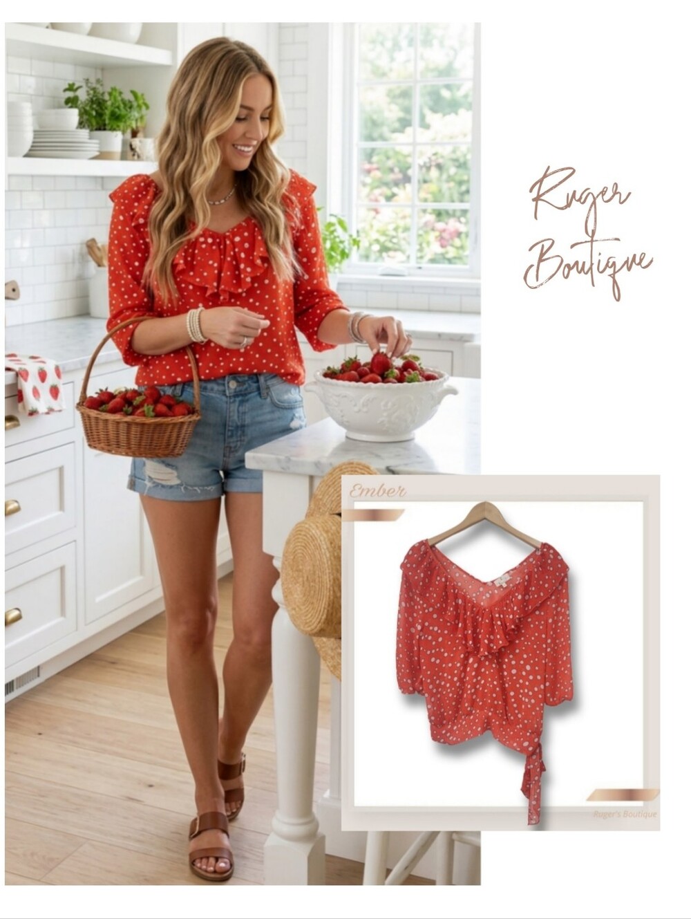 🌿Ember Women's XL Red/Orange & White Polka Dot Ruffle Side Knot Top